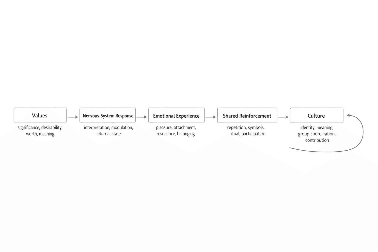 Diagram showing the movement from values to emotional experience to shared reinforcement and culture.