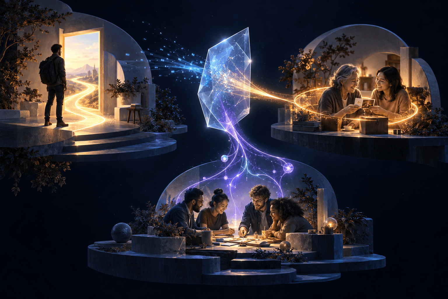 One abstract information object passes through different contextual lenses into scenes of opportunity, connection, and creative collaboration.