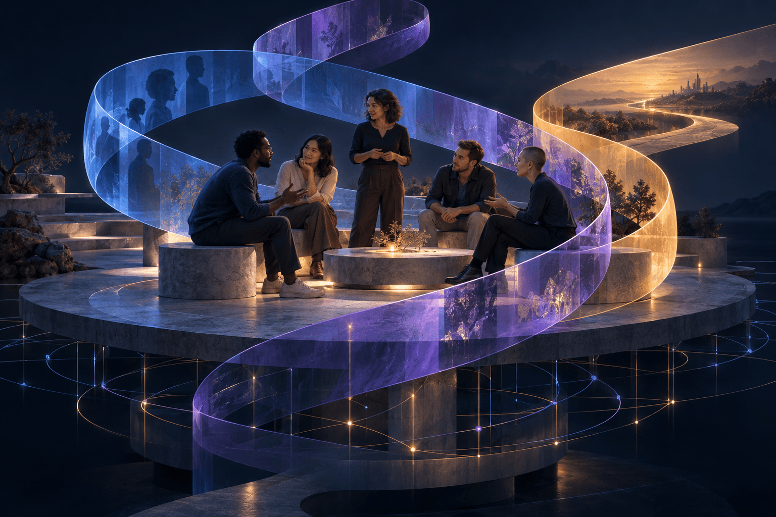 People share an open plaza while three interwoven ribbons suggest connection, individual identity, and agency.