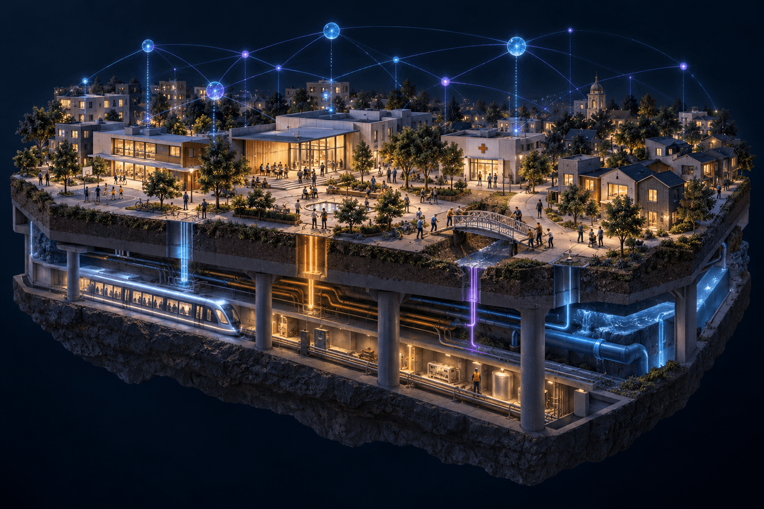 A layered city model connects schools, civic spaces and homes through physical service routes and a digital network.