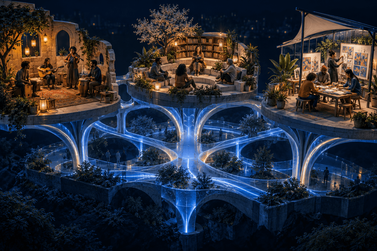 Three different cultural gathering spaces rest on a shared branching infrastructure while retaining their own activities and character.