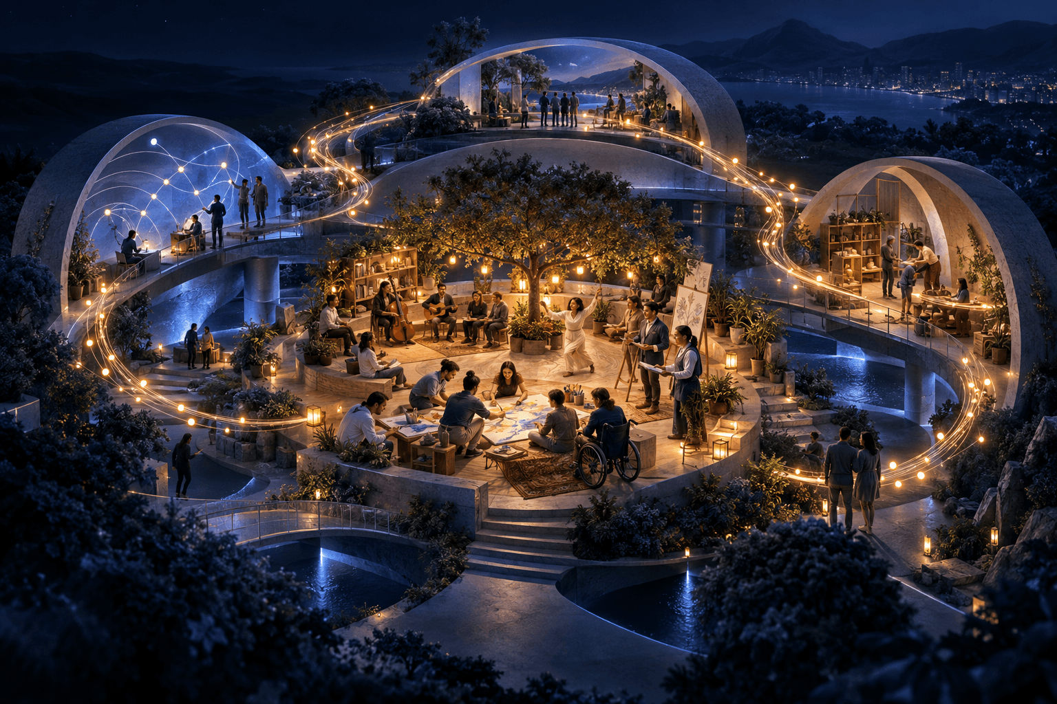A cultural commons with storytelling, music, collaborative art and learning is supported by surrounding structures and a returning flow of light.