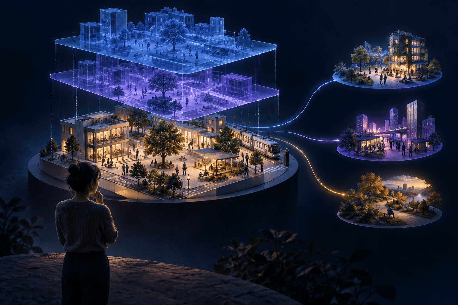 A city-square model and offset translucent interpretations lead into several possible paths, viewed by a participant in the scene.
